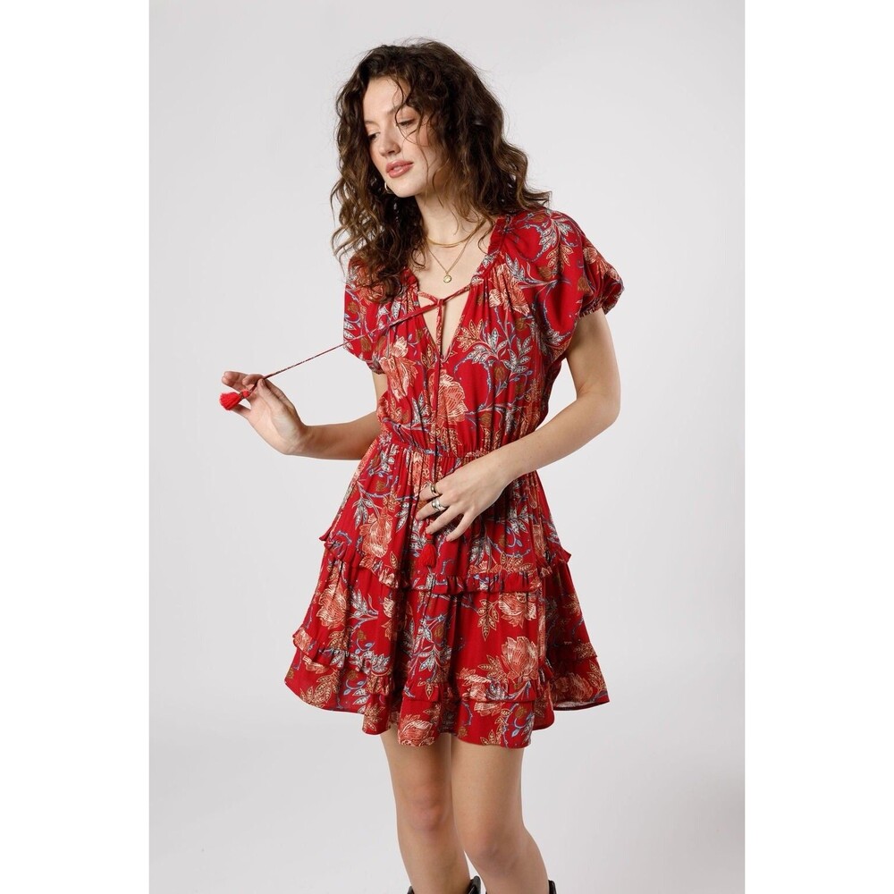 Band of the Free Connie Mini Dress Garnet Floral Smocked Back Size M NWT